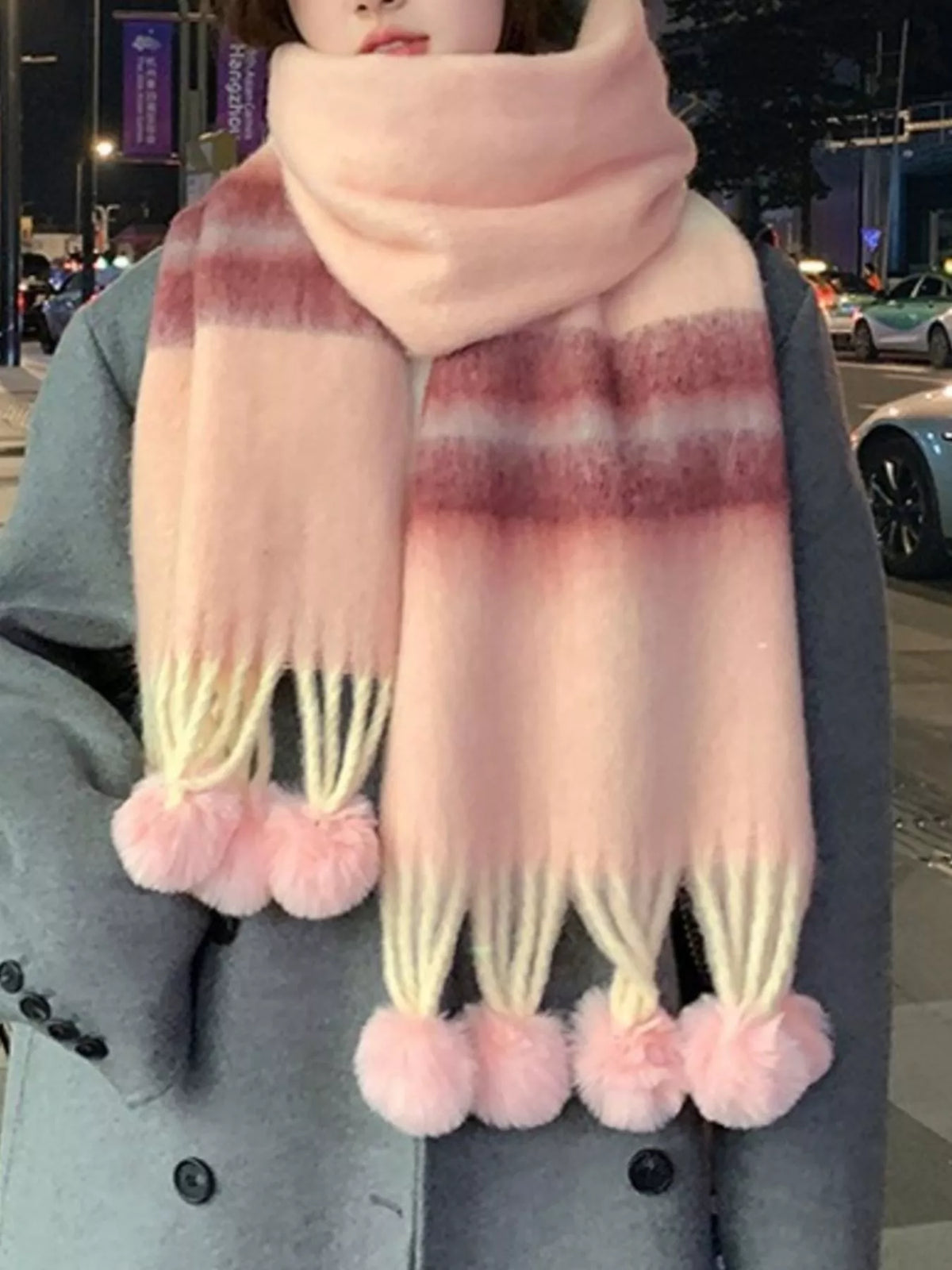 Striped Scarf with Pom-Poms Trendsi Watermelon pink One Size