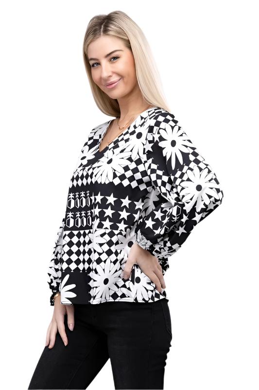 TEEK - BW Floral V-Neck Lantern Sleeve Blouse TOPS TEEK FG S  