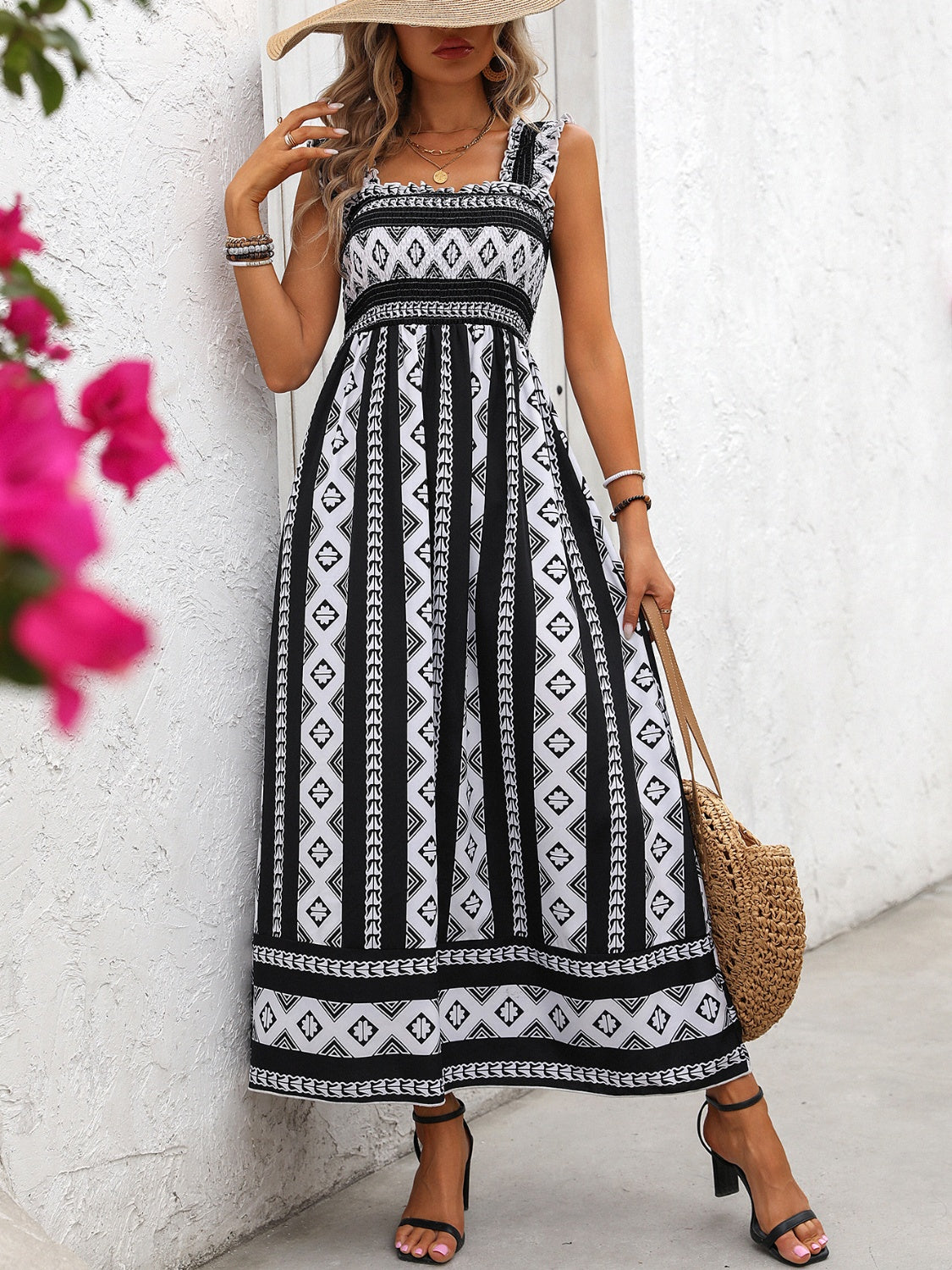 TEEK - Black Printed Square Neck Wide Strap Dress DRESS TEEK Trend   