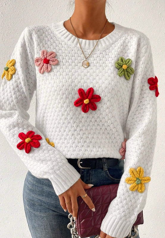 TEEK - White Crochet Flower Round Neck Long Sleeve Sweater TOPS TEEK Trend