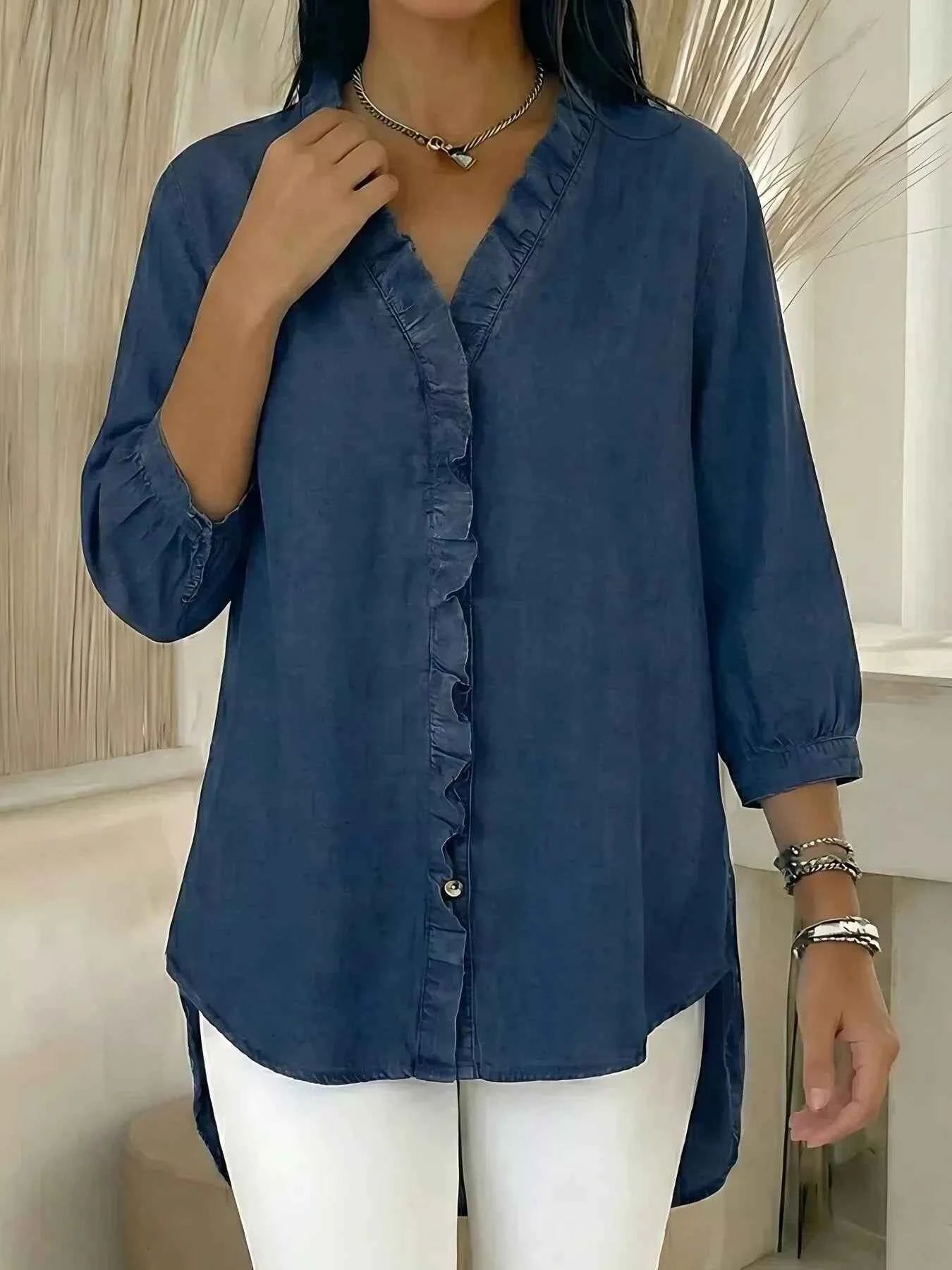TEEK - Full Size V-Neck Ruffled Button Down Shirt Plus Size TOPS TEEK Trend
