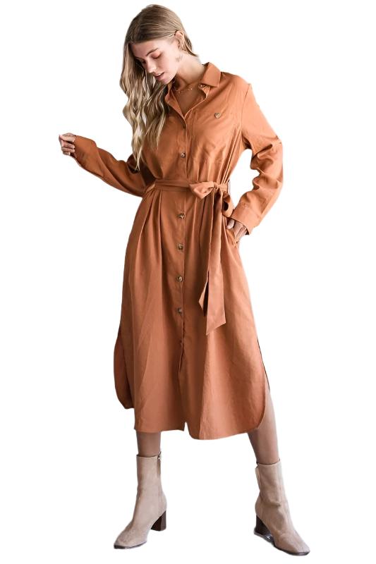 TEEK - Plus Size Button Down Shirt Long Sleeve Dress DRESS TEEK FG MOCHA 1X 