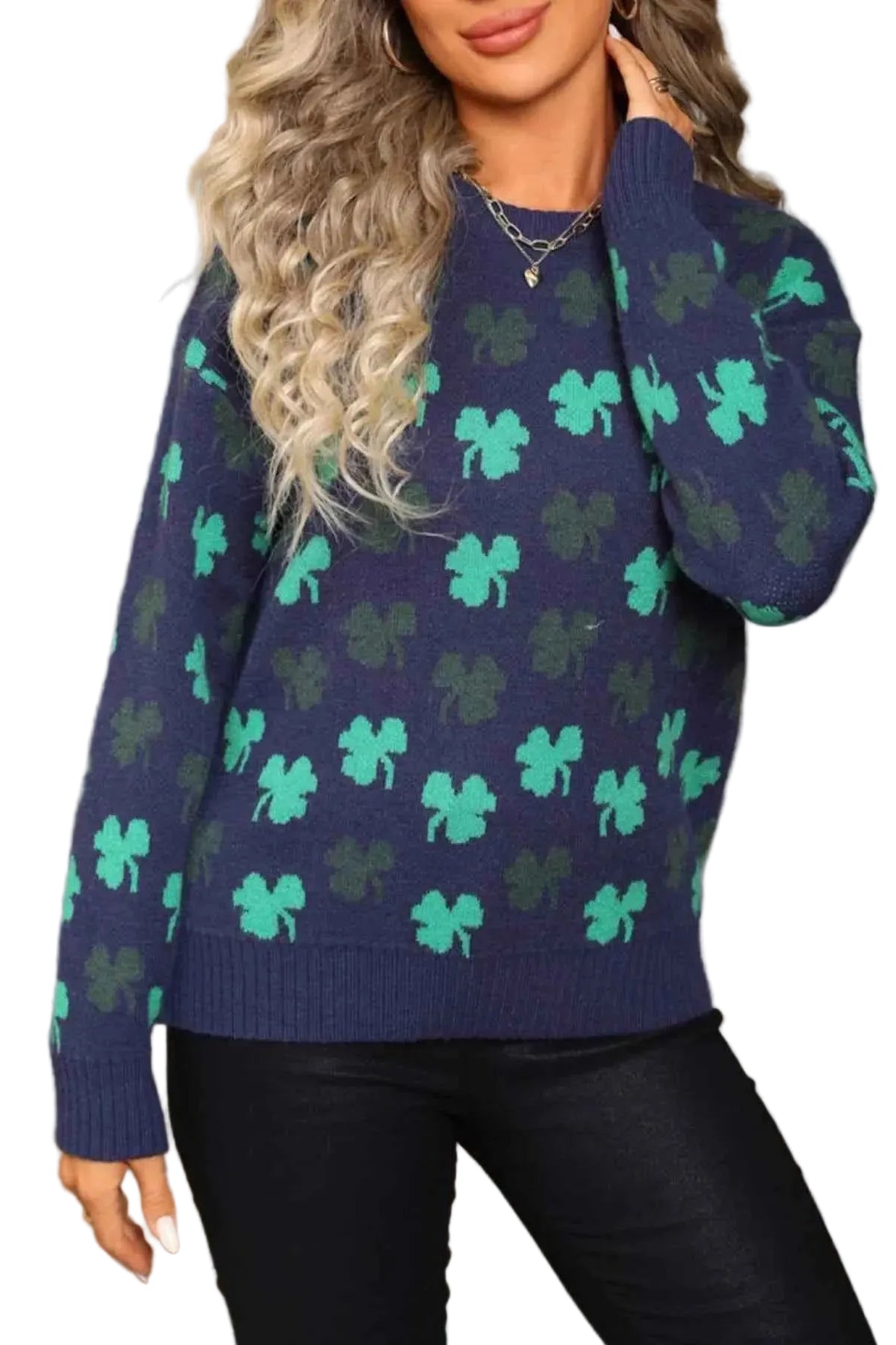 Lucky Clover Crew Neck Sweater Trendsi Navy Blue S