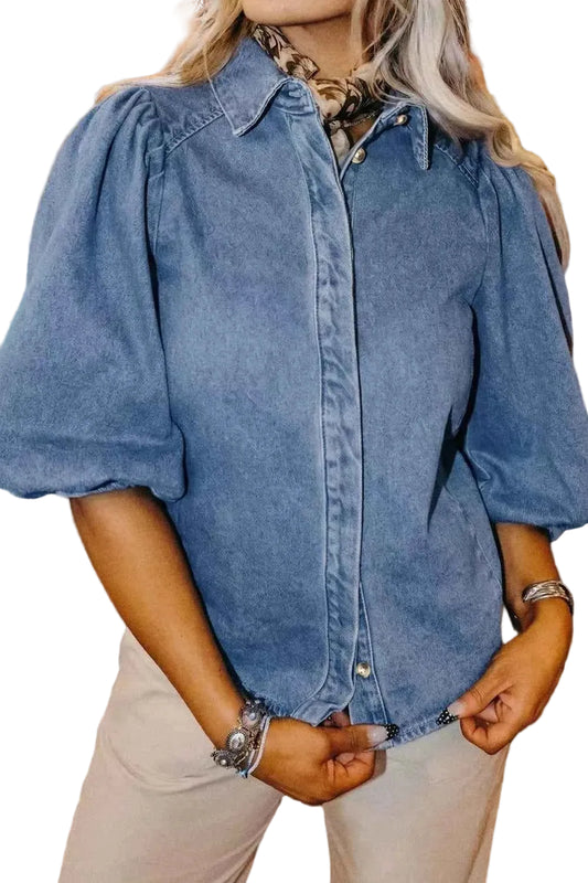TEEK - Puff Half Sleeve Collared Denim Shirt TOPS TEEK Trend Dusty Blue M