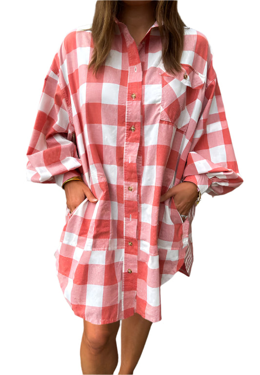 TEEK - Strawberry Plaid Collared Neck Long Sleeve Shirt Dress DRESS TEEK Trend S