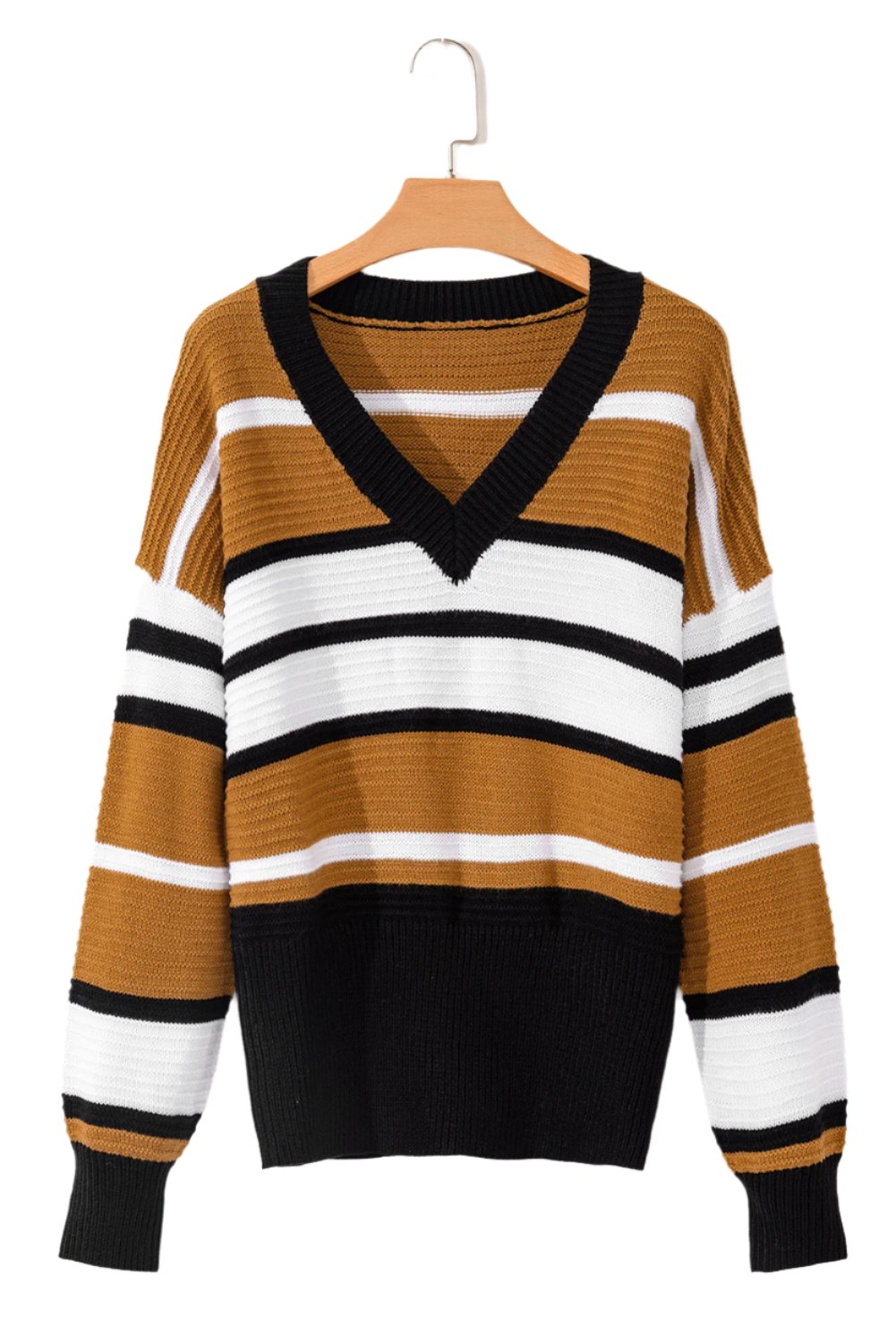 TEEK - Brown Contrast Stripes V Neck Long Sleeve Sweater TOPS TEEK Trend