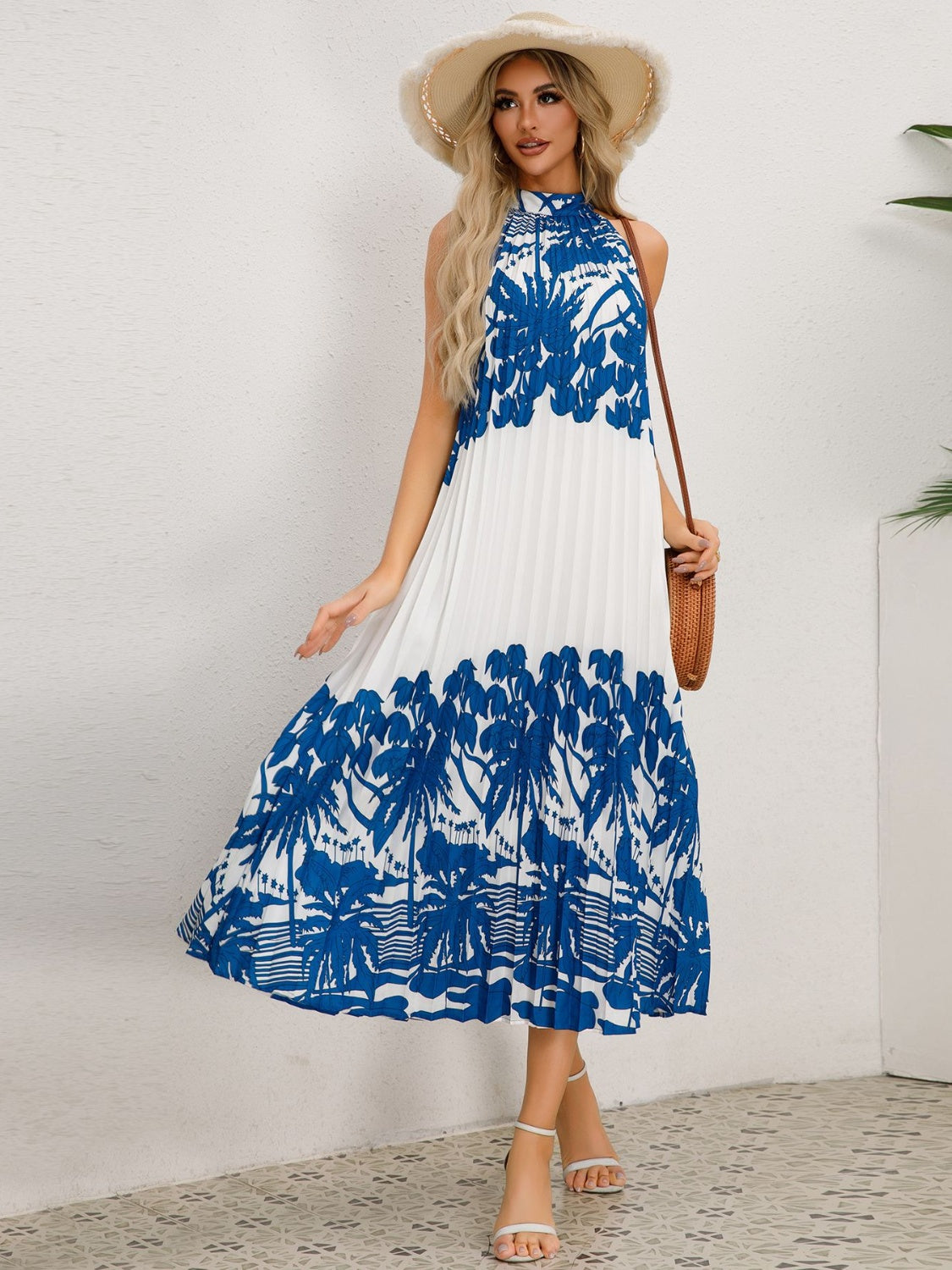 TEEK - Tied Halter Printed Sleeveless  Dress DRESS TEEK Trend Royal Blue S 