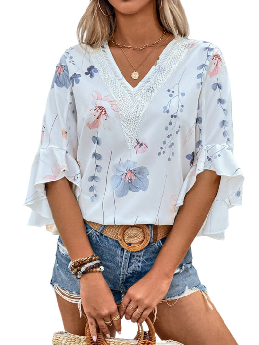 TEEK - Honey Ruffled Printed V-Neck Half Sleeve Blouse TOPS TEEK Trend White S 