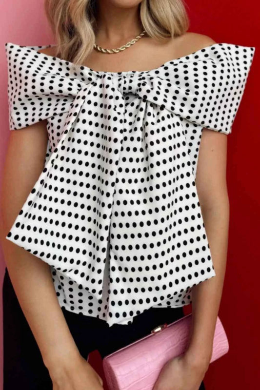 TEEK - Polka Dot Off Shoulder Bow Knot Short Sleeve Blouse TOPS TEEK Trend