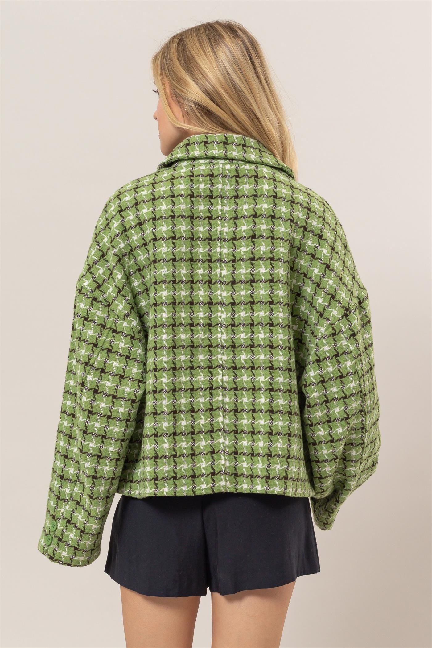 TEEK - Green Tweed Plaid Button Up Collared Neck Jacket TEEK Trend