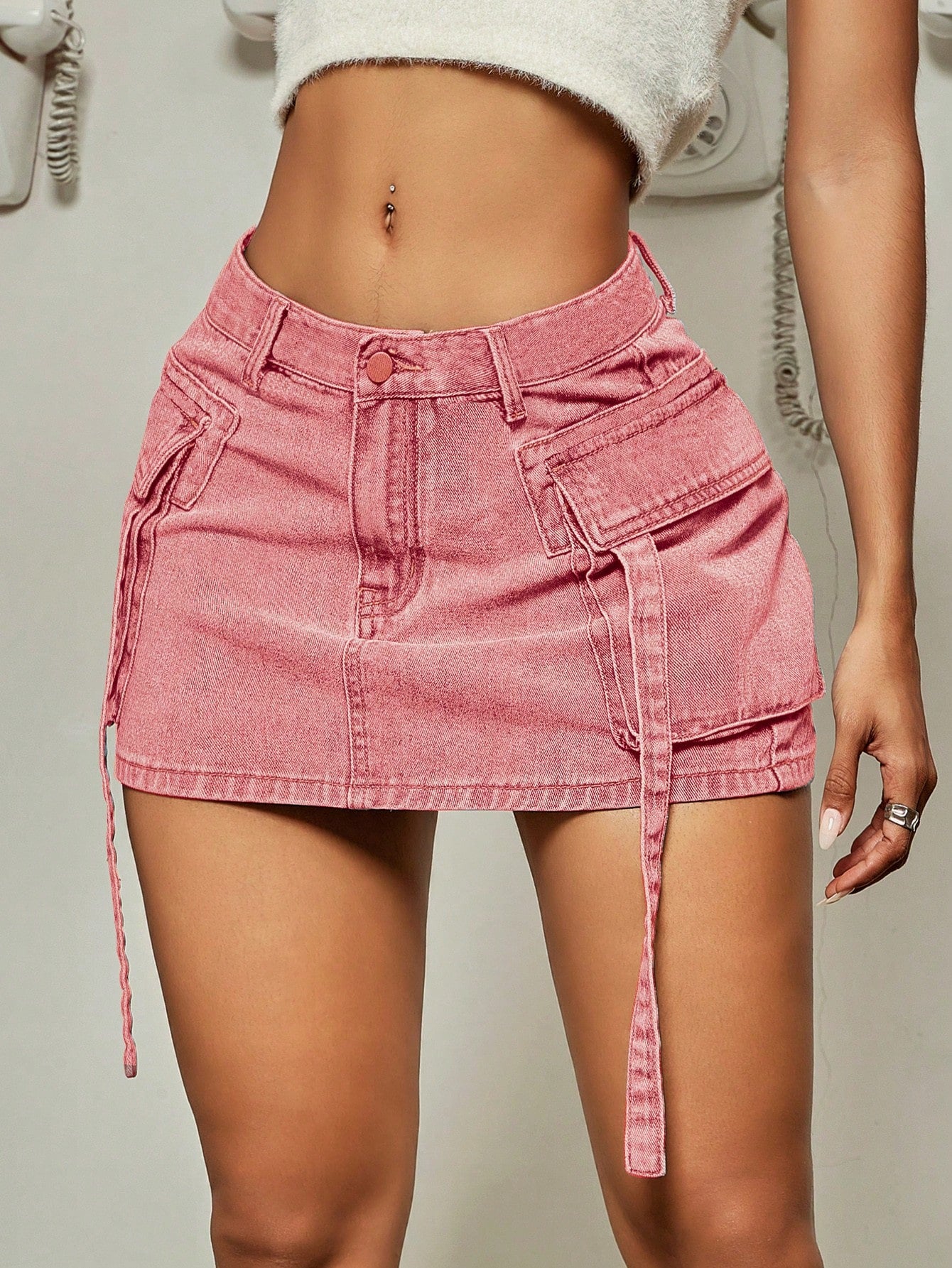 TEEK - Flap Pocket Ribbon Denim Mini Skirt SKIRT theteekdotcom pink XS 