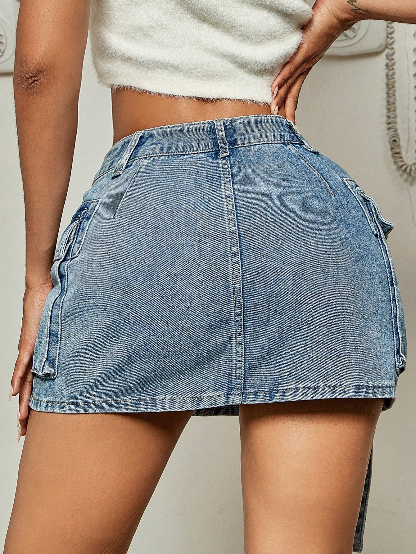 TEEK - Flap Pocket Ribbon Denim Mini Skirt SKIRT theteekdotcom   