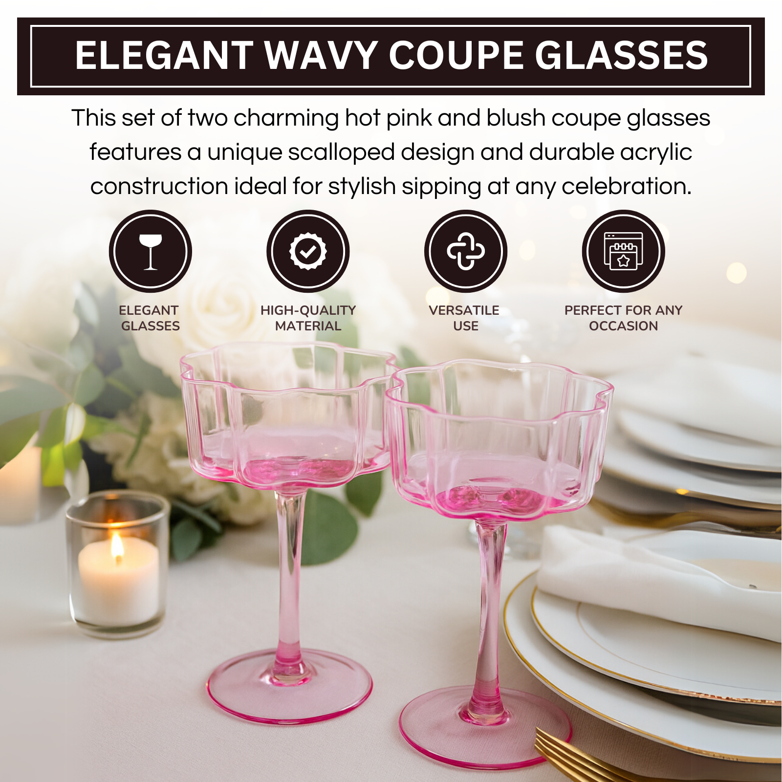 TEEK - Flower Wave Coupe Cocktail Colored Glasses Set | Hot Pink & Blush HOME DECOR TEEK KS