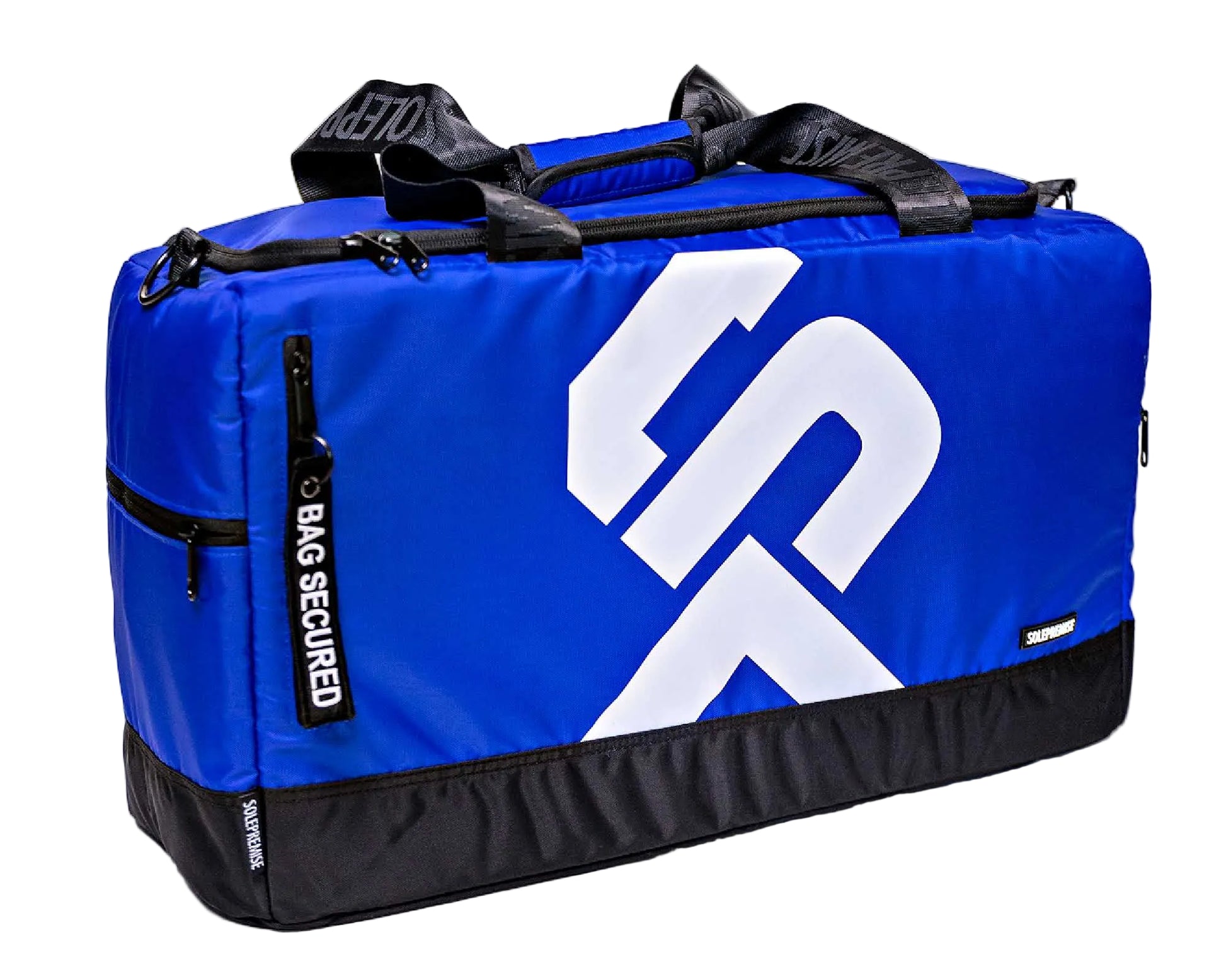Blue duffel bag with a white logo on a white background