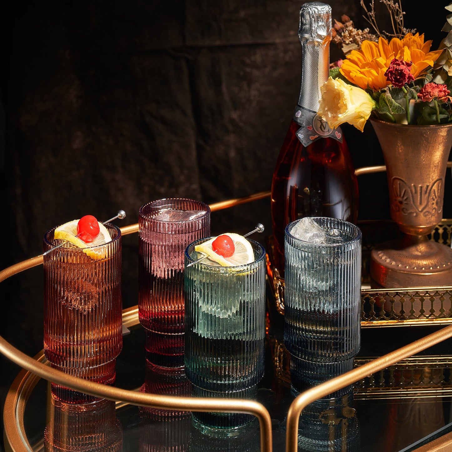 TEEK - Tonal Ribbed Highball Glassware Set of 4 HOME DECOR TEEK KS