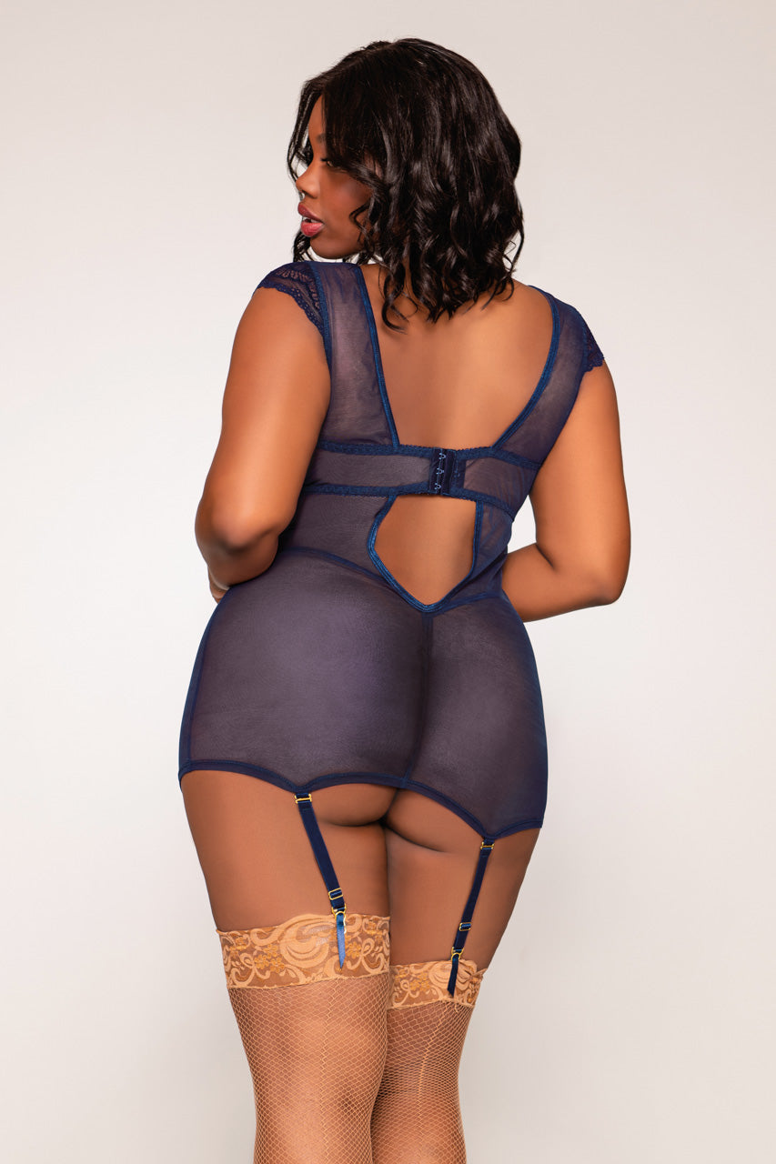 Plus Size Patterned Navy Garter Chemise Apparel & Accessories > Clothing > Underwear & Socks > Lingerie 3wishes.com
