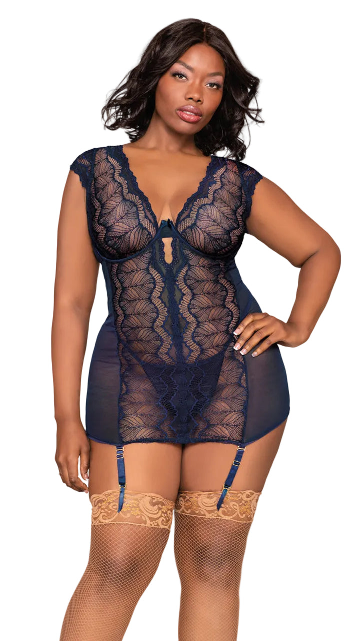 Plus Size Patterned Navy Garter Chemise Apparel & Accessories > Clothing > Underwear & Socks > Lingerie 3wishes.com Navy 1X