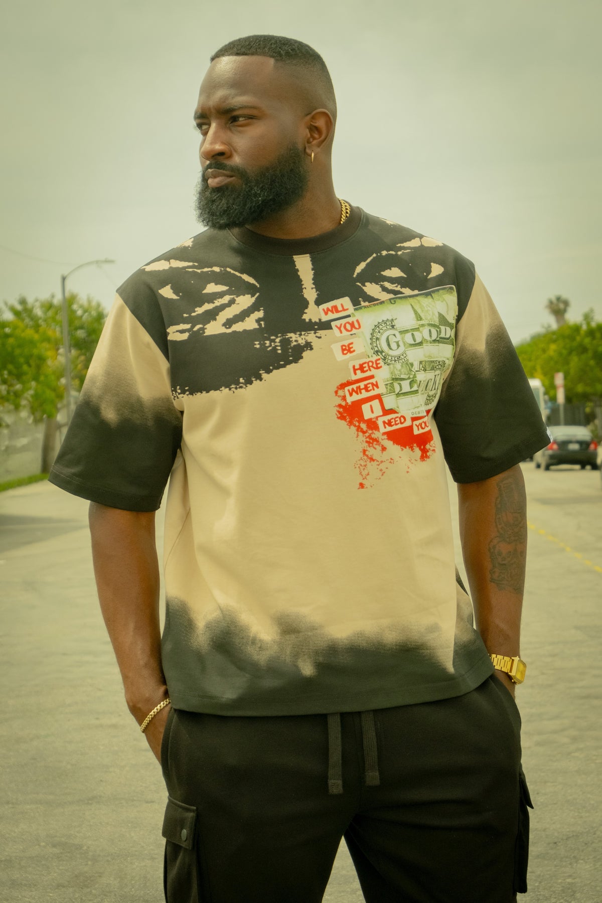 M369 Good Luck Money Oversized Tee - Khaki Shirts & Tops Makobi Jeans USA