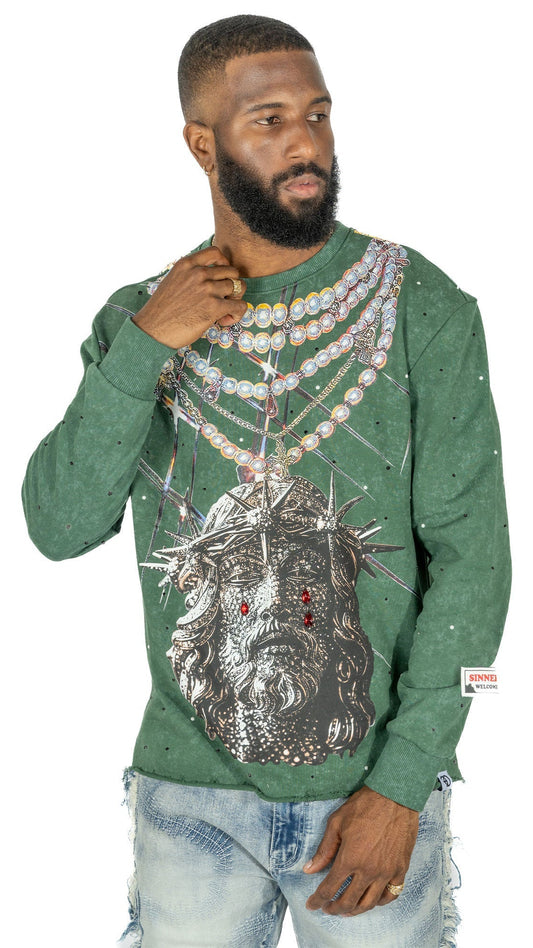 TEEK - F4121 Sinners Welcome Crewneck Sweatshirt - Green TOPS TEEK MJ