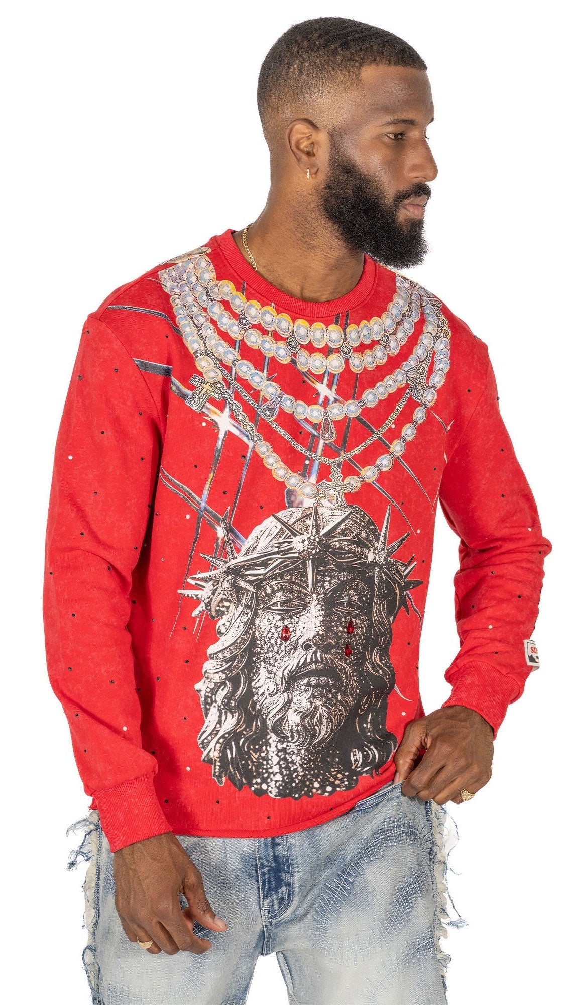 TEEK - F4121 Sinners Welcome Crewneck Sweatshirt - Red TOPS TEEK MJ