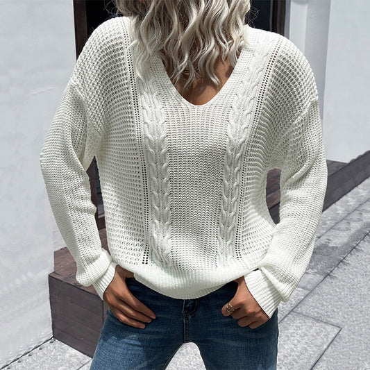 TEEK - White Long Sleeve V-Neck Twist Sweater sweater SWEATER TEEK K S  