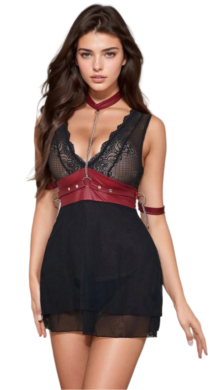 TEEK - Black Mesh Faux Leather Lingerie Chemise LINGERIE TEEK 3W Black Extra Small/Small