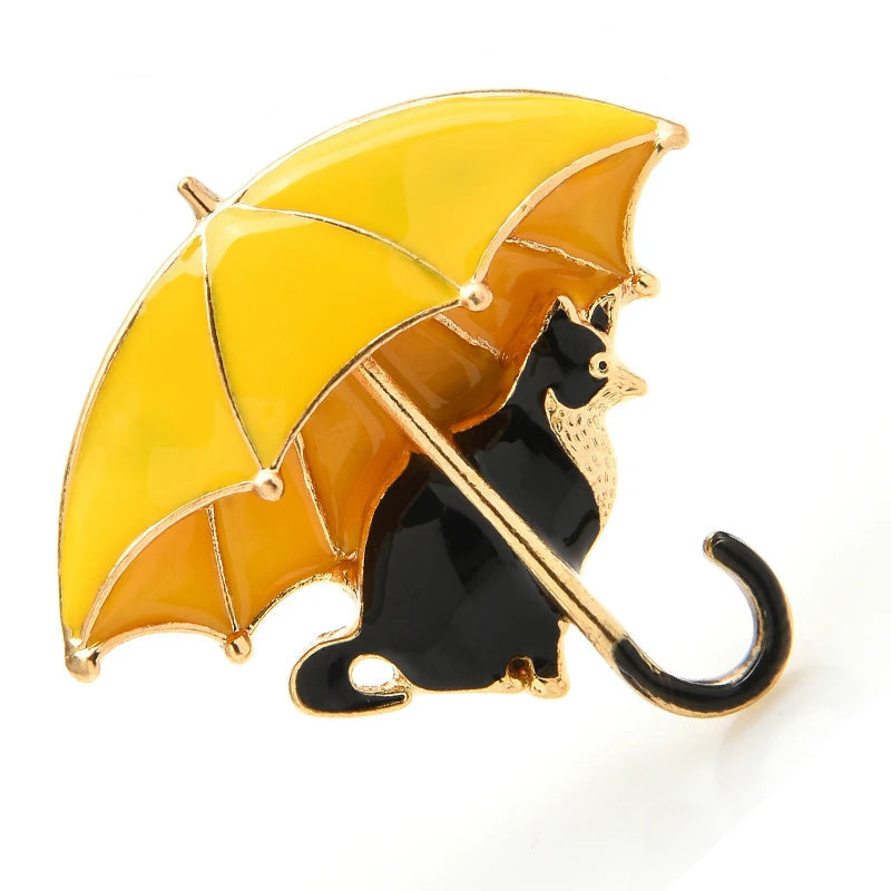 TEEK - Cat Under Umbrella Brooch JEWELRY theteekdotcom yellow-black