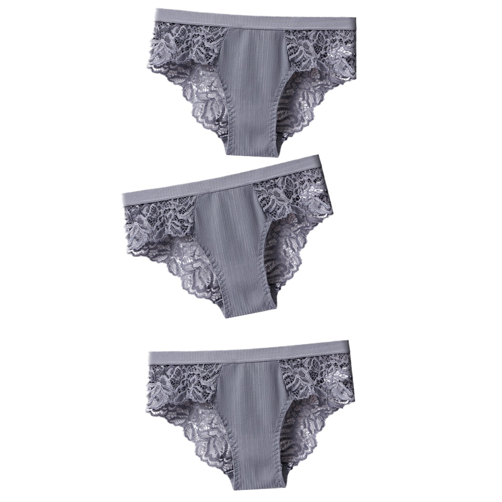 TEEK - 3 Pcs Set of Cotton Lace Panties UNDERWEAR theteekdotcom GrayGrayGray US S/ Asian L 3pcs