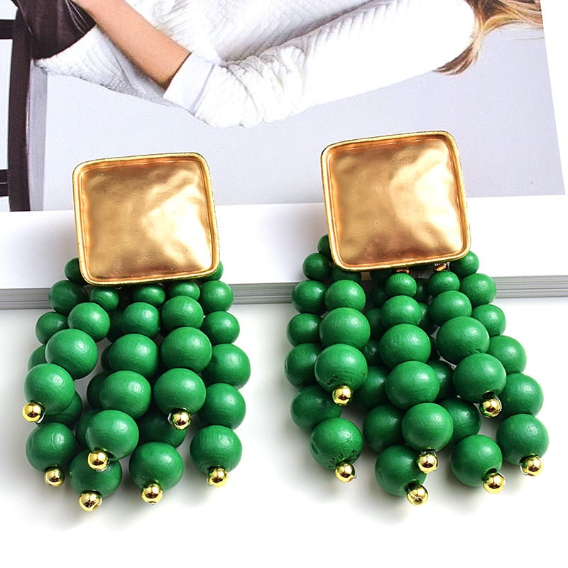 TEEK - Wooden Beaded Tassel Drop Earrings JEWELRY theteekdotcom Green  