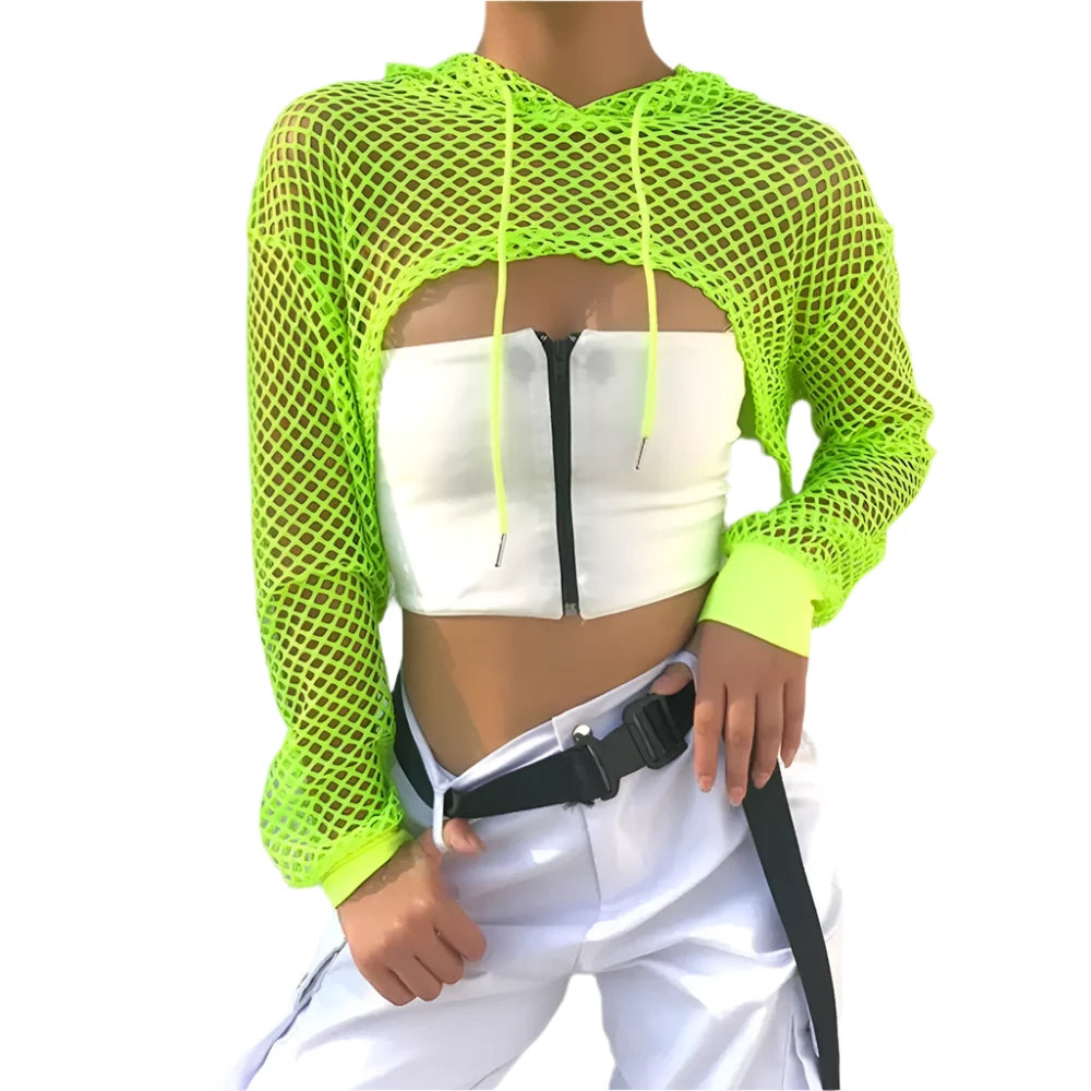 TEEK - Fish Net Drawstring Shrug Hooded Crop Top TOPS theteekdotcom