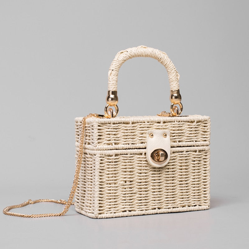 TEEK - Square Box Straw Handbag Bag theteekdotcom Paper rope beige  