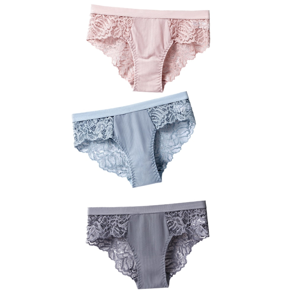 TEEK - 3 Pcs Set of Cotton Lace Panties UNDERWEAR theteekdotcom PinkBlueGray US S/ Asian L 3pcs