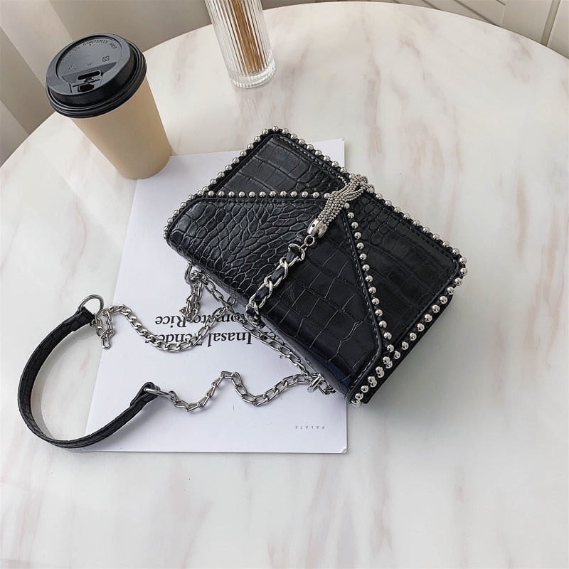 TEEK - Leopatent Chain Tassel Handbag BAG theteekdotcom Black 19x5.5x13 CM 