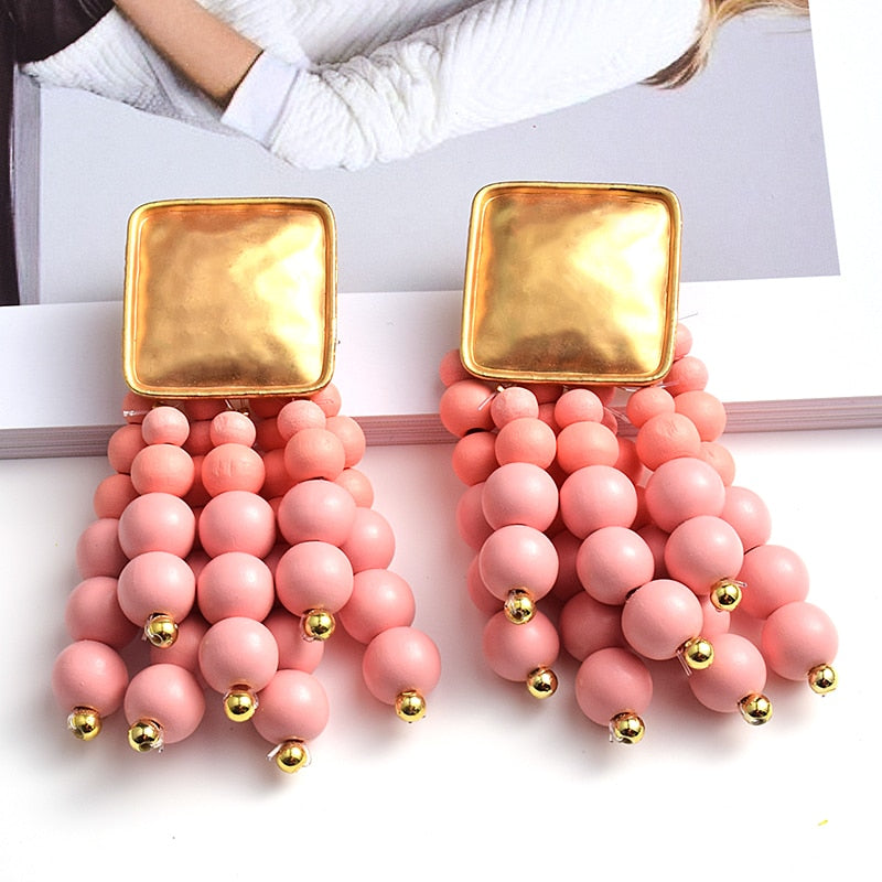 TEEK - Wooden Beaded Tassel Drop Earrings JEWELRY theteekdotcom Pink  