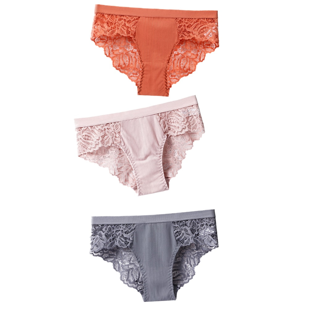 TEEK - 3 Pcs Set of Cotton Lace Panties UNDERWEAR theteekdotcom CaramelPinkGray US S/ Asian L 3pcs