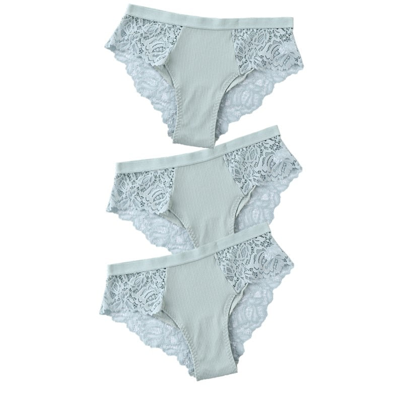 TEEK - 3 Pcs Set of Cotton Lace Panties UNDERWEAR theteekdotcom GreenGreenGreen US S/ Asian L 3pcs