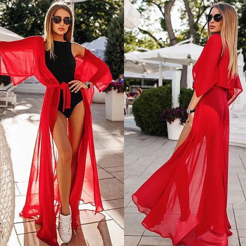 TEEK - Sheer Long Belted Cover Up Beach Dress SWIMWEAR theteekdotcom   