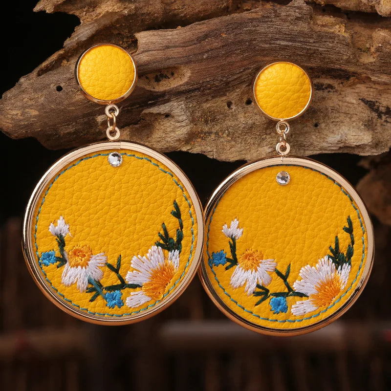 TEEK - Embroidered Flowers Round Dangle Earrings JEWELRY theteekdotcom Yellow
