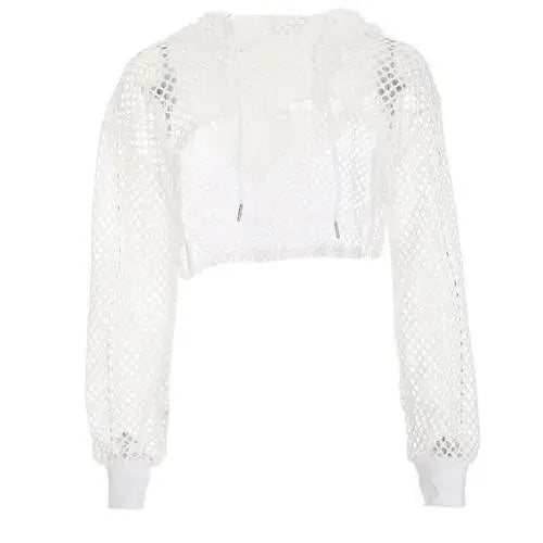 TEEK - Fish Net Drawstring Shrug Hooded Crop Top TOPS theteekdotcom White S