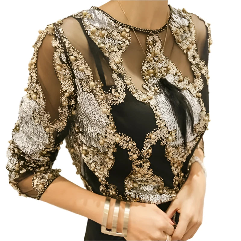 TEEK - Crystal Sequins Embroidery Lace Top TOPS theteekdotcom