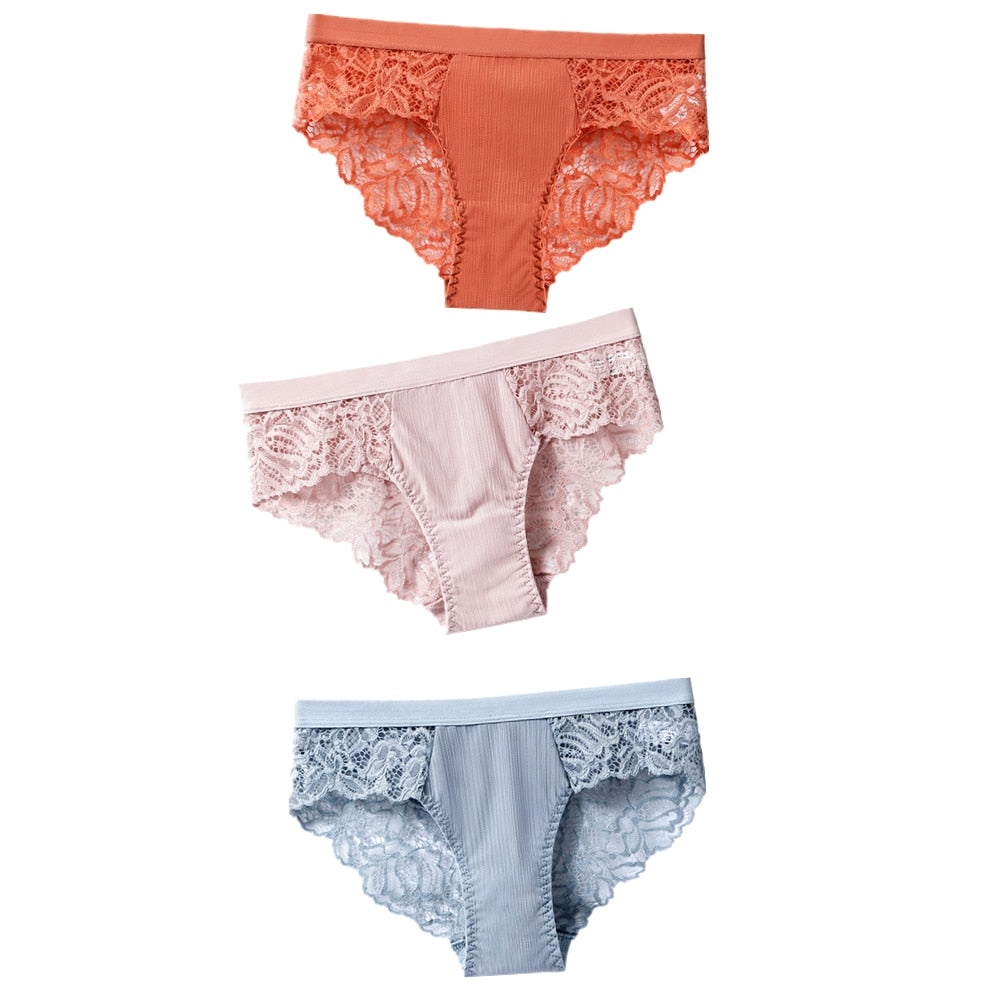 TEEK - 3 Pcs Set of Cotton Lace Panties UNDERWEAR theteekdotcom CaramelPinkBlue US S/ Asian L 3pcs