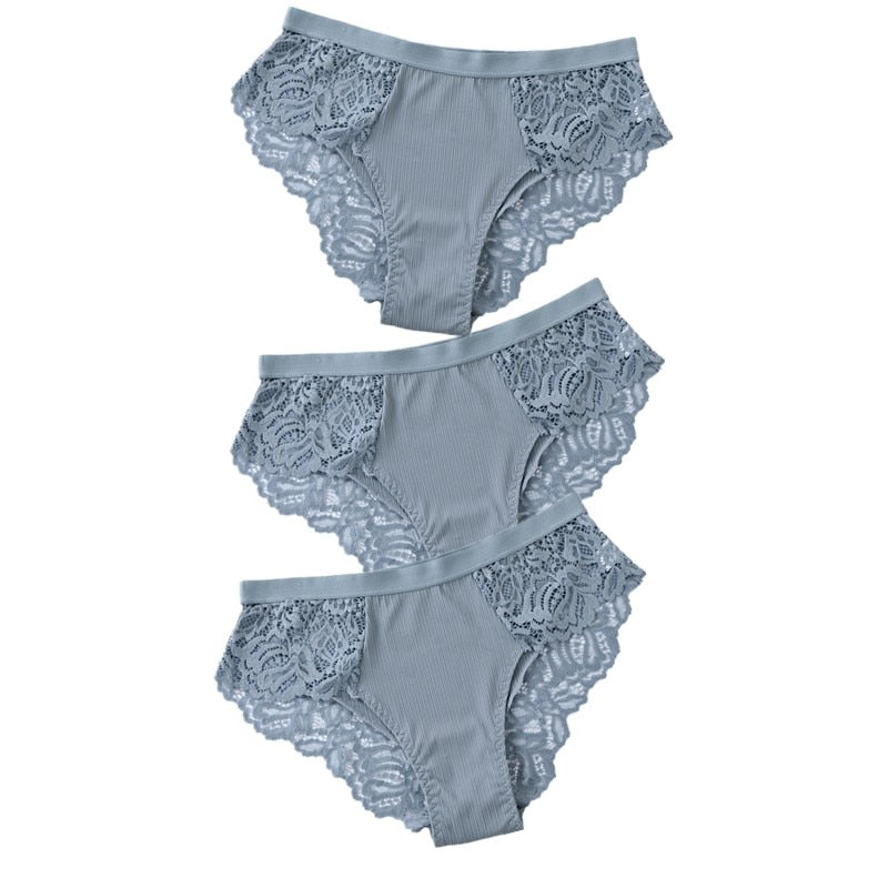 TEEK - 3 Pcs Set of Cotton Lace Panties UNDERWEAR theteekdotcom BlueBlueBlue US S/ Asian L 3pcs