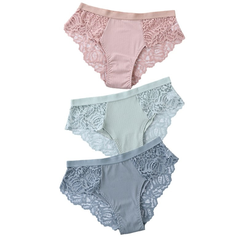 TEEK - 3 Pcs Set of Cotton Lace Panties UNDERWEAR theteekdotcom PinkGreenBlue US S/ Asian L 3pcs