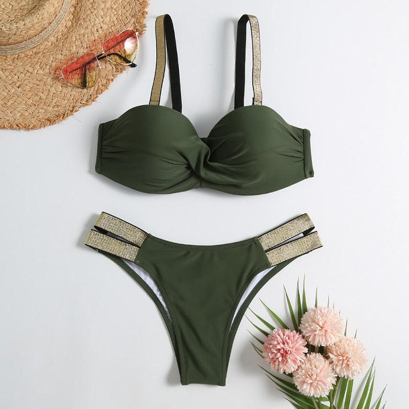 TEEK - Vintage Micro V-Bra Brazilian Thong Bikini SWIMWEAR theteekdotcom army green XS 