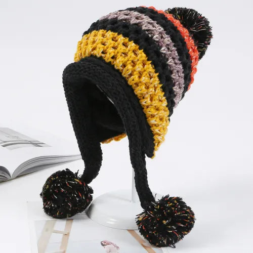 TEEK - Knitted Patchwork Pompom Earflap Beanies HAT theteekdotcom black  