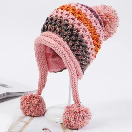 TEEK - Knitted Patchwork Pompom Earflap Beanies HAT theteekdotcom Pink  
