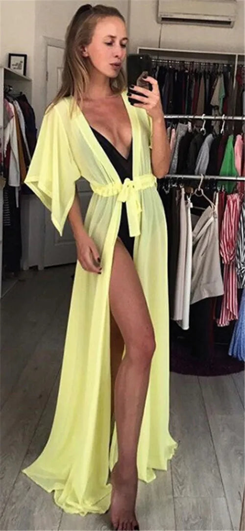 TEEK - Sheer Long Belted Cover Up Beach Dress SWIMWEAR theteekdotcom Yellow One Size 