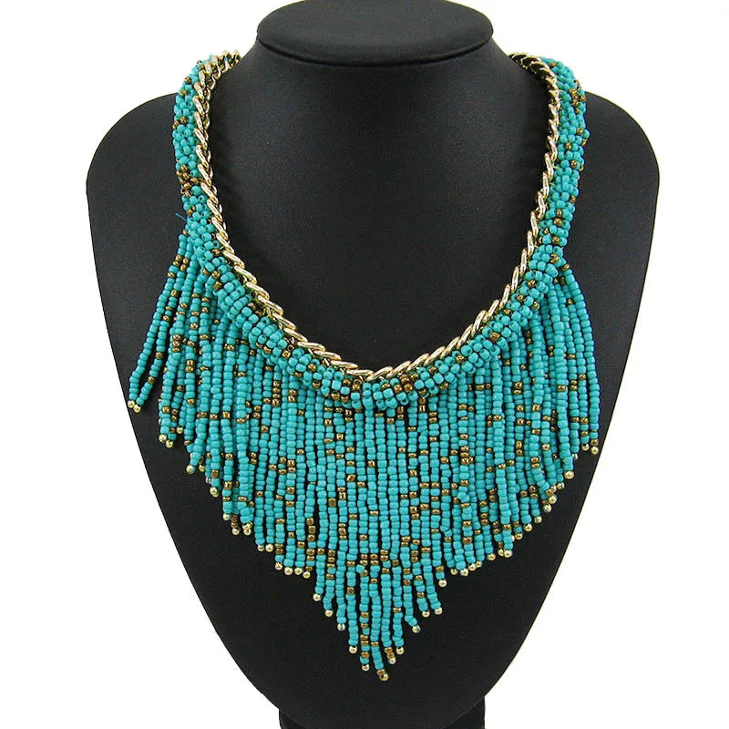 Statement Fashion Women Big Brand Bohemia Ethnic Gold Chain Small bead Tassel Necklaces & Pendants Vintage Jewelry