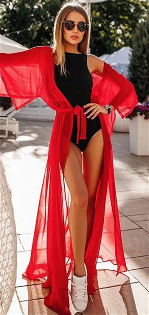 TEEK - Sheer Long Belted Cover Up Beach Dress SWIMWEAR theteekdotcom Red One Size 