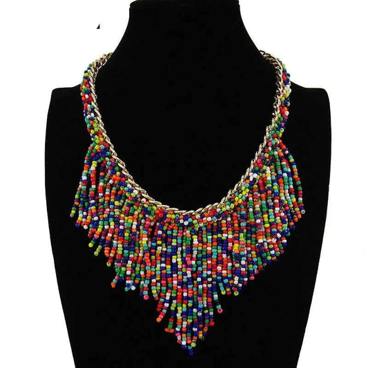 Statement Fashion Women Big Brand Bohemia Ethnic Gold Chain Small bead Tassel Necklaces & Pendants Vintage Jewelry